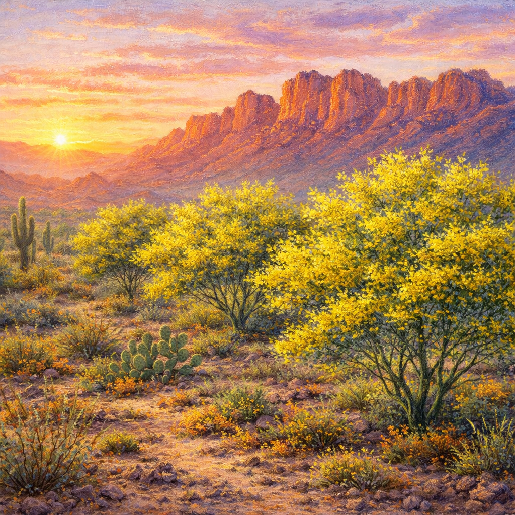 Palo verde trees in full yellow spring bloom backlit by sunrise over a jagged Arizona mountain ridgeline, with saguaros and desert wildflowers in foreground — Sonoran Art