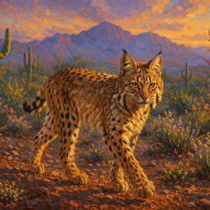 Impasto oil painting of a Sonoran Desert bobcat walking at golden hour with the Santa Catalina Mountains and blooming ocotillo in the background