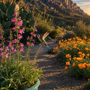 Hummingbird feeding on pink penstemon in a desert garden with Mexican gold poppies and Pusch Ridge glowing in golden morning light -- Sonoran Art impasto print