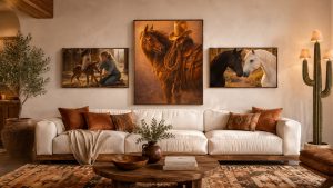 A larger center piece flanked by two smaller prints creates hierarchy and visual depth — the gallery-curated approach.