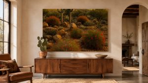 Best pieces for a single statement display are wide landscape compositions with strong color and enough visual weight to anchor a wall on their own