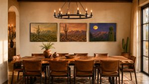 Three frames, one story. A triptych creates gallery-level rhythm on any long wall.