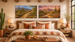 Two complementary prints span the wall and create a panoramic effect — one landscape, two perspectives.