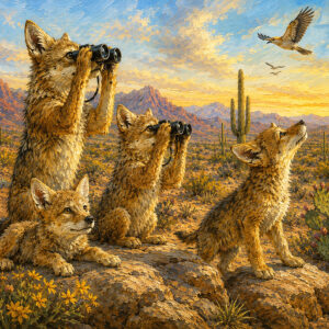 For the Birds art print, pack of coyotes birdwatching with binoculars in the Sonoran Desert, part of The Coyotes Collection by Sonoran Art