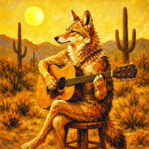 Desert Troubadour art print, coyote playing guitar under a desert sky, part of The Coyotes Collection by Sonoran Art