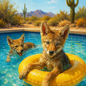 Desert Troubadour art print, coyote playing guitar under a desert sky, part of The Coyotes Collection by Sonoran Art