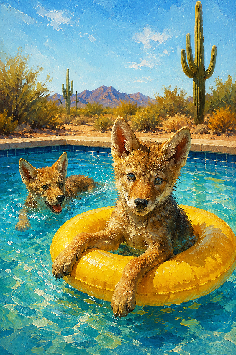 Desert Troubadour art print, coyote playing guitar under a desert sky, part of The Coyotes Collection by Sonoran Art