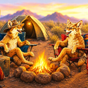 Happy Campers art print, two coyotes camping with a campfire and lanterns under a desert sunset, part of The Coyotes Collection at Sonoran Art