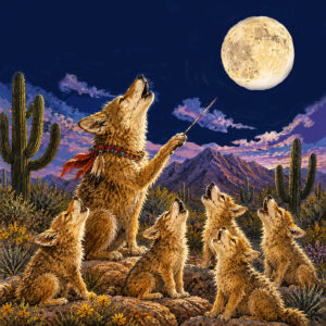 Coyote pack howling at the moon in the Sonoran Desert, artwork by Theresa Poalucci