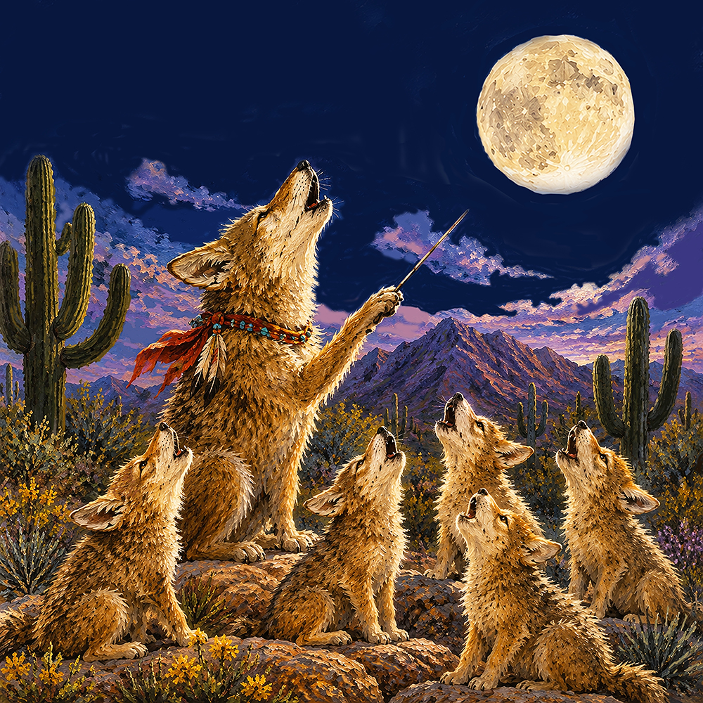 Coyote pack howling at the moon in the Sonoran Desert, artwork by Theresa Poalucci