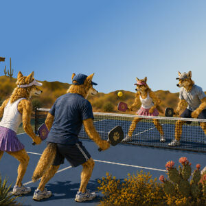 Four coyotes playing doubles pickleball in the Sonoran Desert, artwork by Theresa Poalucci