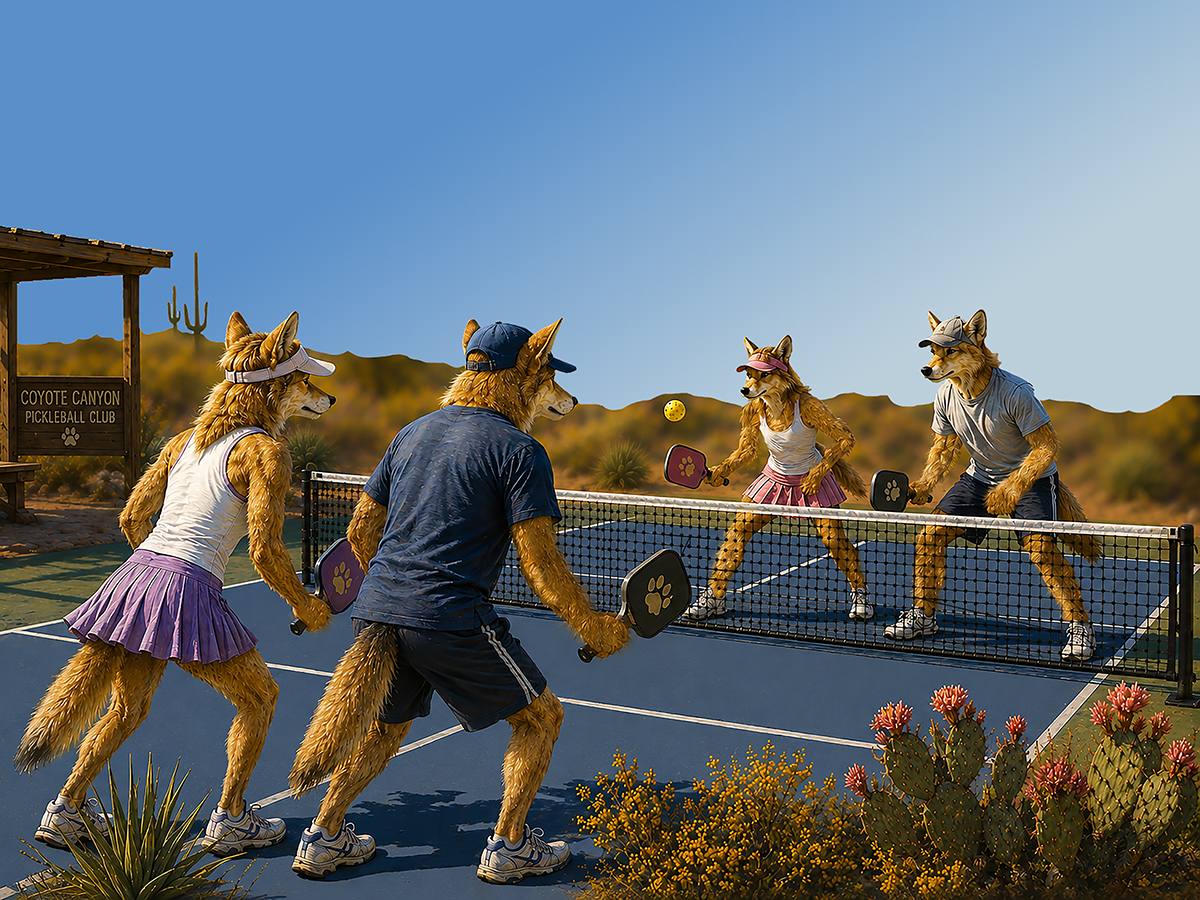 Four coyotes playing doubles pickleball in the Sonoran Desert, artwork by Theresa Poalucci