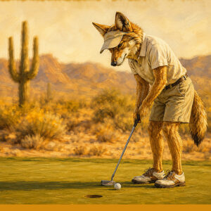Paws for Par art print, coyote golfer lining up a putt in the Sonoran Desert, part of The Coyotes Collection by Sonoran Art