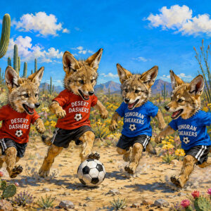 Paws on the Pitch art print, four coyote pups playing soccer in the Sonoran Desert, part of The Coyotes Collection by Sonoran Art