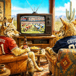 Sunday in the Sonoran art print, two coyotes watching football with snacks and drinks in the Sonoran Desert, part of The Coyotes Collection by Theresa Poalucci.