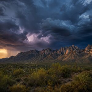 Lightning storm over Pusch Ridge and the Santa Catalina Mountains at sunset, Sonoran Desert monsoon art