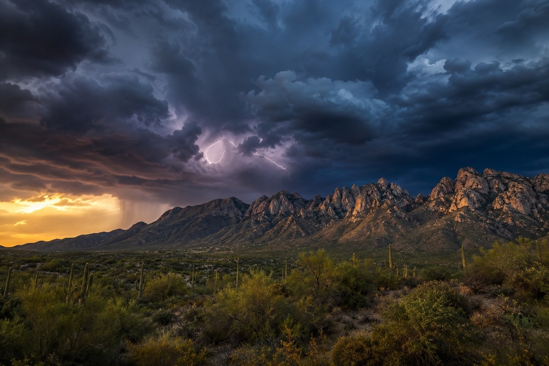 Lightning storm over Pusch Ridge and the Santa Catalina Mountains at sunset, Sonoran Desert monsoon art